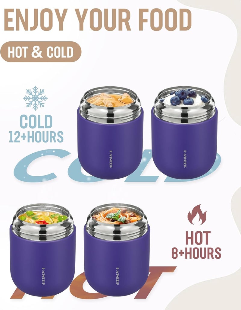 Haweek 17oz Soup Thermo for Hot Food Adults Insulated Food Jar Thermo Hot Food Lunch Container Wide Mouth Stainless Steel Lunch Box for Kids with Folding Spoon Cleaning Brush Purple - Image 4
